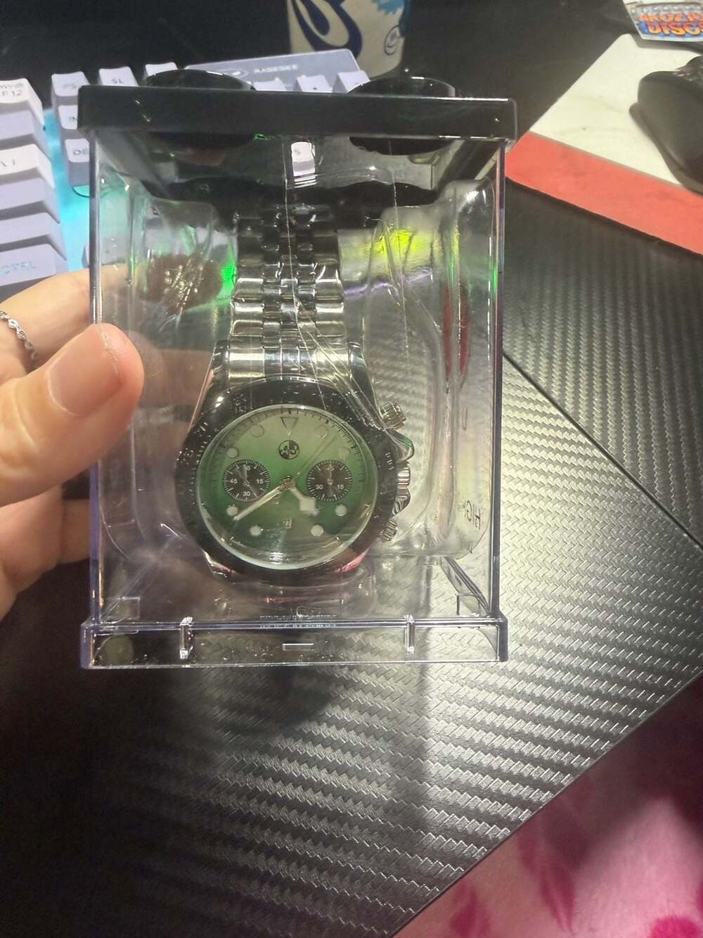 AJ Brand Men's Stainless Steel Quartz Chronograph Watch with Green Gradient Dial
